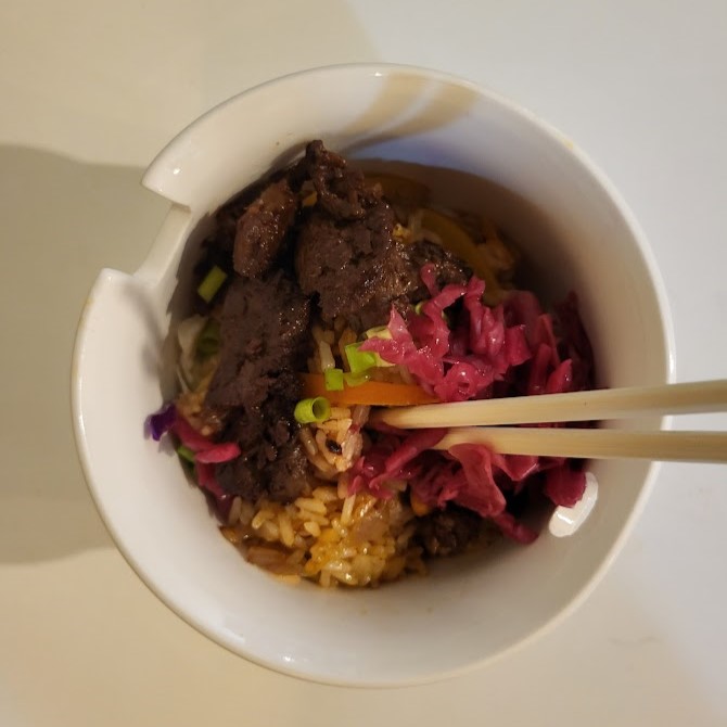 Fried rice with beef and pickled cabbage